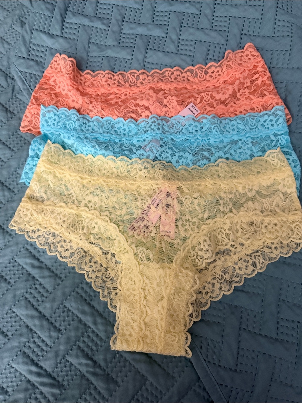 Victoria’s Secret Women’s Lace Hipster Panty Bundle — Peach, Blue, Yellow